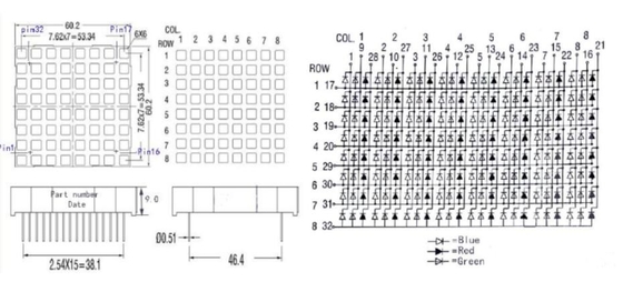 60X60mm Vierkante 8X8 stippelen RGB LEIDENE Matrijsvertoning geleid Dots Matrix
