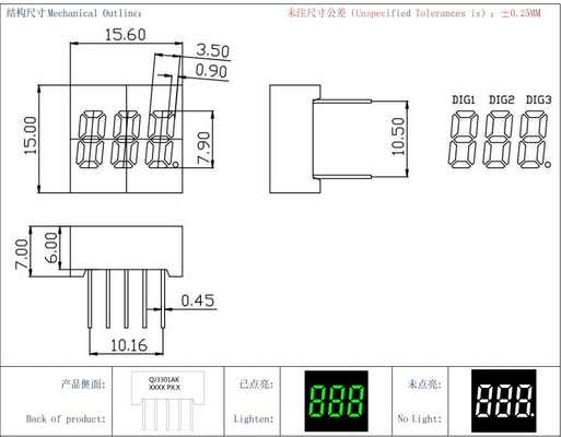 Gemeenschappelijke kathode 20mA smaragdgroene LED-module 3 cijfers 7 segment display