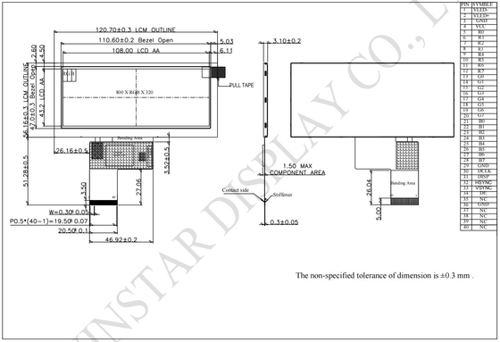 4.6'' 800*RGB*320 LCD-module TFT-transmisieve 12H Bar type Winstar vervangen