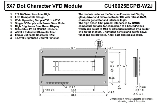VFD-module 5*7 DOT 2*16 Caracter Cu16025ecpb-W2j Blauw Groen 8-bits Parallel Interface