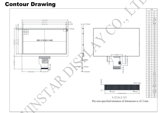 7' 800*RGB*480 TFT LCD-module wit transmisief 12H 16:9 met ST-5623D