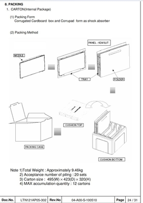 12.1'' Industrial TFT LCD 1280*800 RGB Samsung Monitor Display LTN121AP05-302 Hoge Contrast