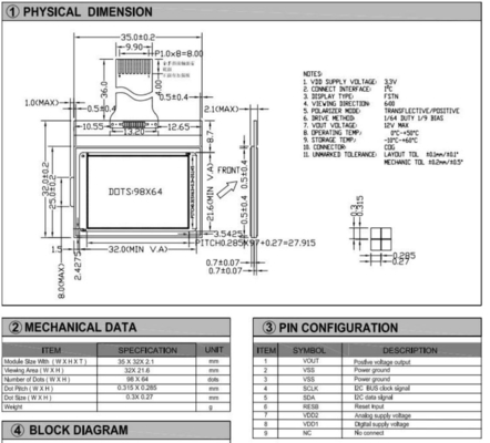 98*64 Grafische LCD-module met St7549 I2c Interface Transflectioneel positief breedtemperatuurdisplay