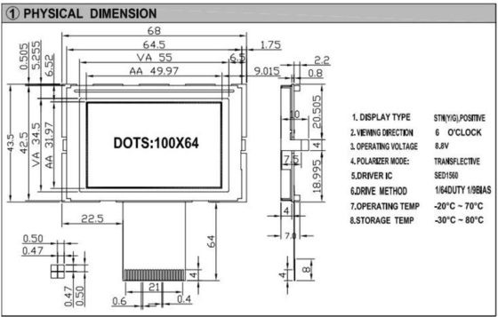 100*64 Grafische LCD-module STN 6H met SED1560 Grote temperatuur Geel Groen Display Aanpasbaar