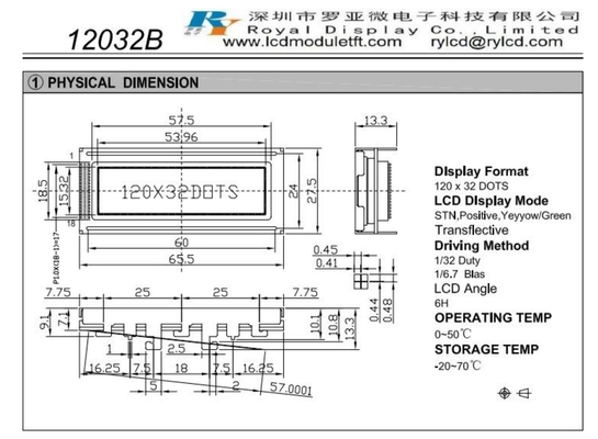 120*32 Grafische LCD-module Stn Positief Geel/Groen Transflectief Sbn1661 met achtergrondverlichting 6h