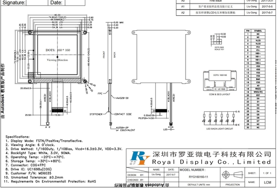 160*160 Grafische LCD-module met standoffs 6H FSTN Positieve transflectieve breedtemperatuur UC1698U