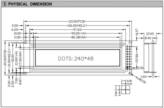 240*48 Grafische STN LCD-module met PCB-stand-offs achtergrondlicht TS107/TS108 Industrial Display