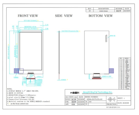 3.7'' EPD 240*416 4 Kleur E-papier Display voor elektronisch reklabelsysteem