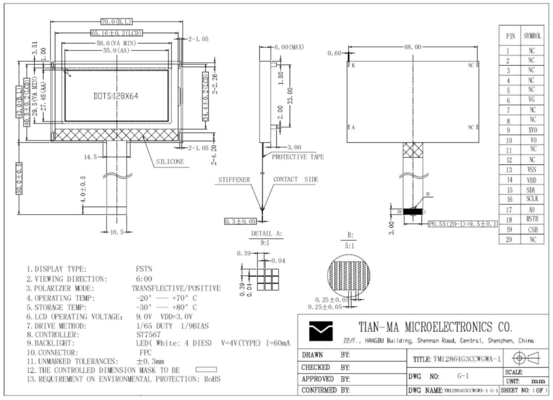 128*64 FSTN Tianma ST7567 Transflectieve LCD-module met grote temperatuur