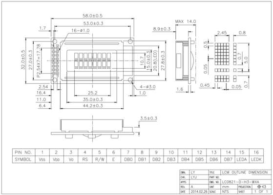 8*2 tekens STN monochroom 6H breed temperatuur LCD module