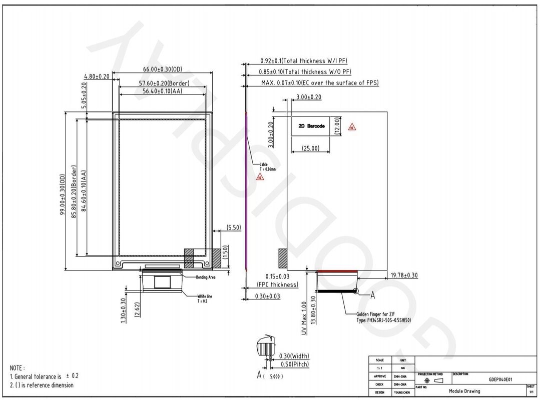4.0'' 400*600 full color reflectief standaard e-papier display