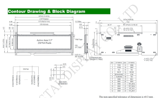 OLED-module 5.5' 256*64 Monochroom COF met touch Winstar vervangt display