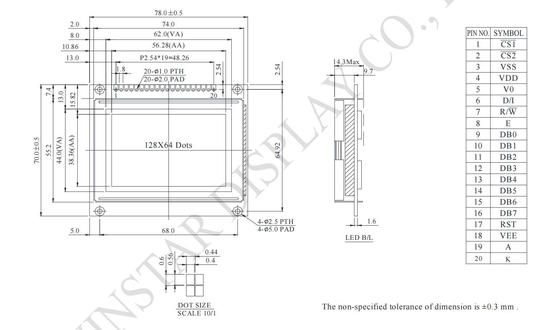 Grafische 128*64 kleine monochrome LCD-module met NT7107/NT7108 6800 interface aanpasbaar