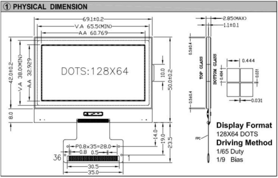 128*64 Grafische LCD-module FPC-interface ST7565 3.3v breedtemperatuur industrieel scherm