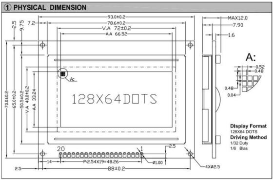 20PIN-connector 128*64 Grafisch LCD-module Monochroom STN Kleur optioneel met achtergrondverlichting