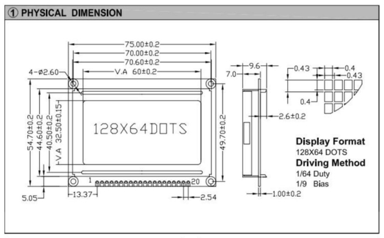 128*64 Grafische LCD-module Kleur Optioneel 20 PIN AT0107/AT0108 STN Breedtemperatuurbeeldscherm Industrieel gebruik