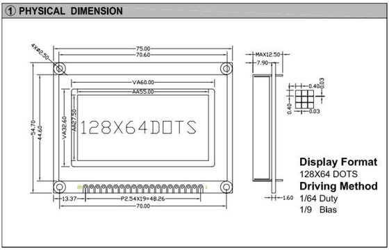 128*64 Grafische STN LCD-module met LED-achterlicht Monochroom 20 pin ST7565 3,5v industrieel display