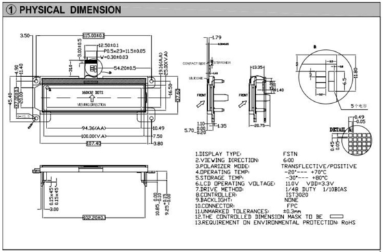 160*32 Grafische LCD-module FSTN 6H Positief transflectief breedtemperatuur industrieel display