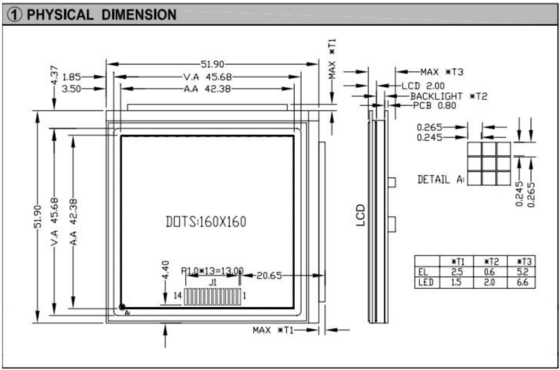 160*160 Vierkant LCD-module met achtergrondlicht PCB NT7701 Industrieel display met grote temperatuur