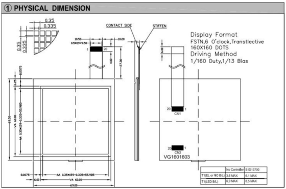 160*160 Grafische LCD-module FSTN 6H Transflectioneel 60*60 mm vierkant industrieel display met achtergrondverlichting