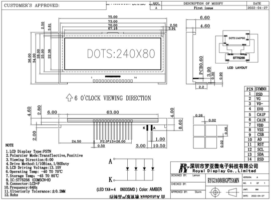240*80 Grafische LCD-module FSTN 6H Super Wide Temperature Industrial Display Lage MOQ