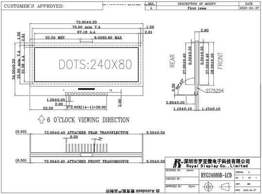 240*80 Grafische LCD-module FSTN 6H Super Wide Temperature Industrial Display Lage MOQ