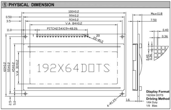 192*64 grafische LCD-module STN breed zicht AT0107 met achtergrondverlichting industrieel spel