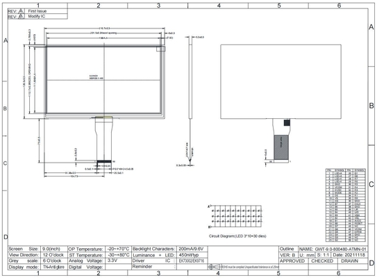9.0'' TFT LCD-module Breed temperatuur 800*RGB*480 12H Transmisief aangepast scherm