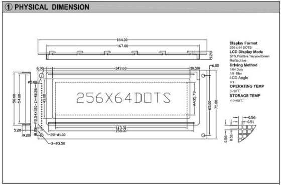 256*64 Grafische LCD-module STN Geel Groen 6H Positief Industrieel Display