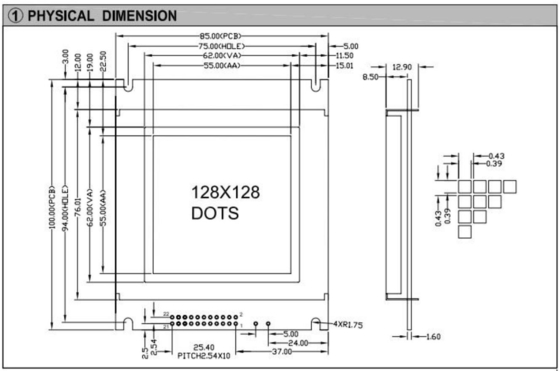 128*128 Grafische FSTN Monochrome LCD-module AT0107 22 pin industrieel display