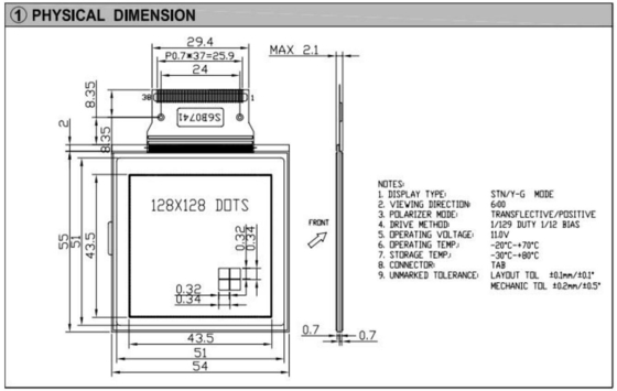 128*128 Grafische LCD-module STN Geel Groen Breed Temperatuur 6H Industrieel Display