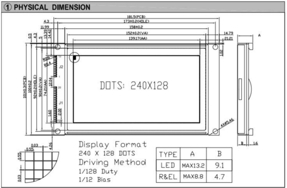 240*180 Grafische FSTN-LCD-module met achtergrondverlichting, breed temperatuurscherm