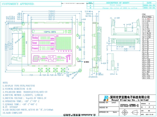 128 * 16 punten FSTN Customized LCD Module 6H met ST7565P Wide Temperature voor UPS Photovoltaic Inverter