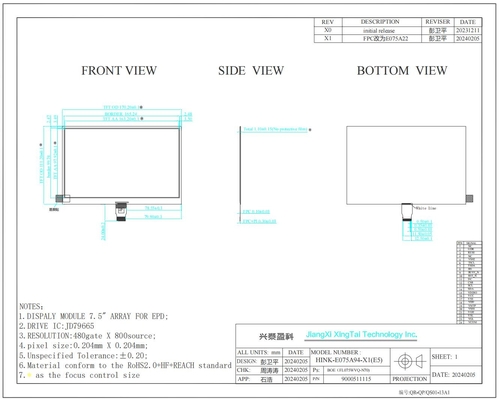 7.5'' EPD 800*480 4 Kleur Hoog Contrast JD79665 Hitech E-Paper Display