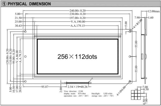 256*112 Grafische LCD-module 12H STN Blauw breedtemperatuur industrieel scherm