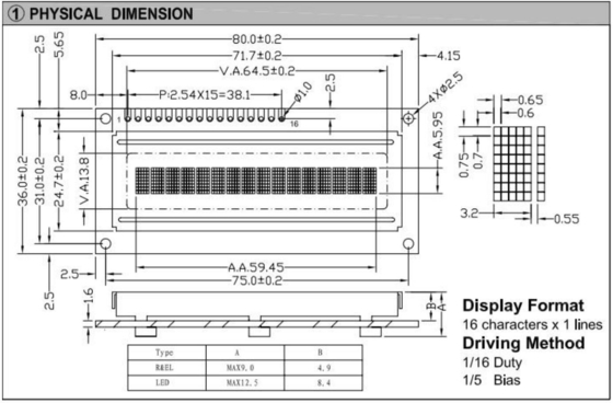 16*1 1601 STN Character LCD Module ST7066 met achtergrondverlichting Industrial Display