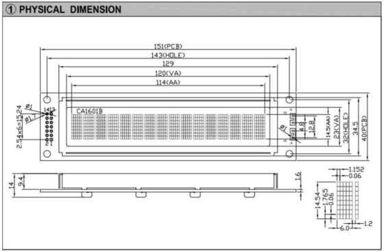 Grote grootte 1601 16 * 1 karakter LCD-module met achterlicht pcb industrieel display