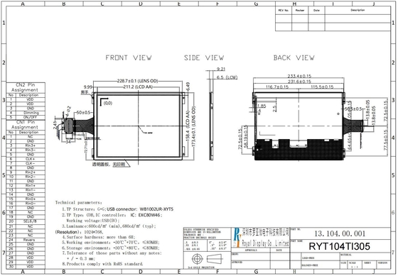 10.4'' TFT 1024*RGB*768 breedtemperatuur LCD-module met aanraking