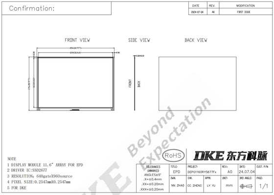 11.6'' 4 kleur 960*640 TFT MCU high contrast interface E-paper display EPD
