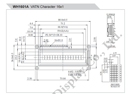 16*1 Tekens Monochroom SPI Interface Wide Temperature VATN LCD Module