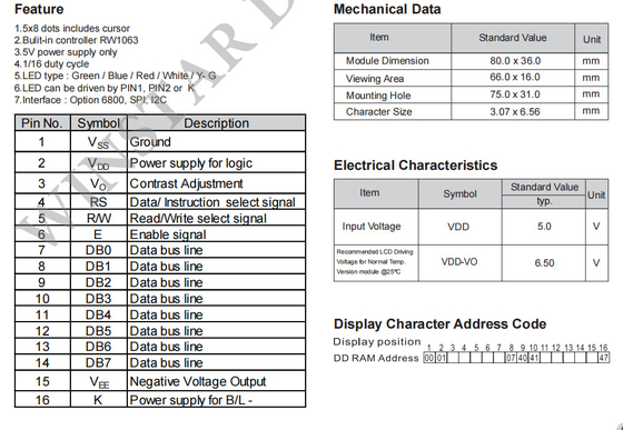 16*1 Tekens Monochroom SPI Interface Wide Temperature VATN LCD Module