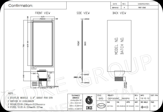 2.9' 296*128 Active Matrix MCU interface E-papier display EPD