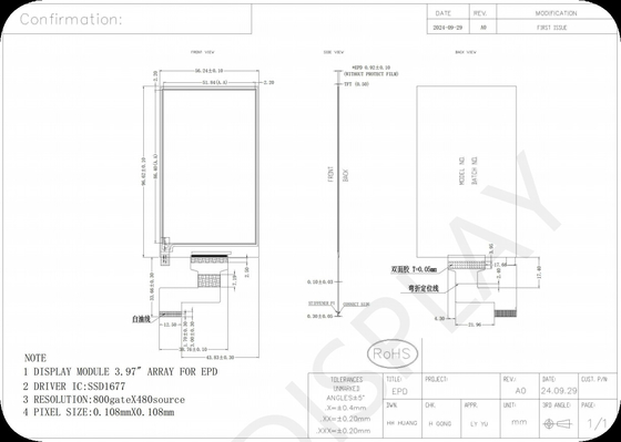 3.97' 4 kleur 800*480 SSD1677 E-papier display EPD