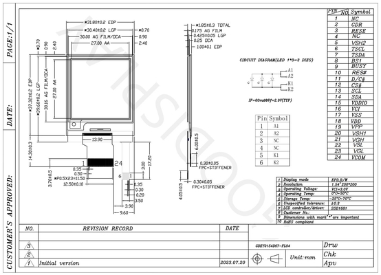 1.54'' 200*200 monochroom SPI-interface e-papier display EPD