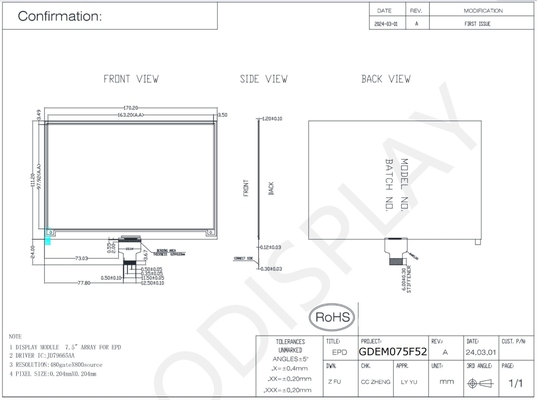 7.5' 480*800 4 Kleur JD79665AA E-papier Display EPD