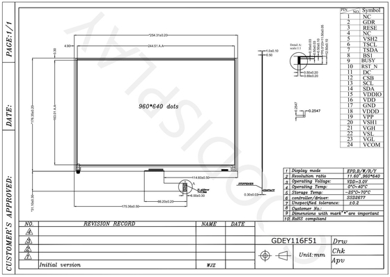 11.6' 960*640 4 Kleur E-papier Display SPI Interface EPD