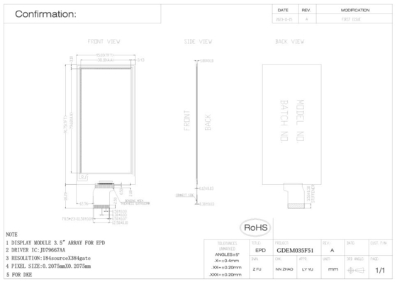3.52' 4 Kleur 384*184 Jd79667AA Gebaseerd op E-Paper Display EPD