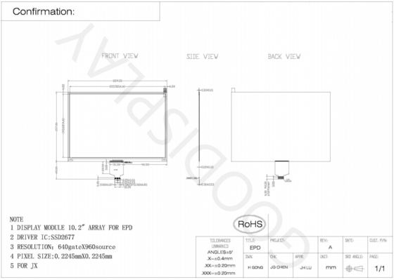 10.2'4 Kleur 640*960 E-papier Display SSD2677 Gebaseerd op EPD
