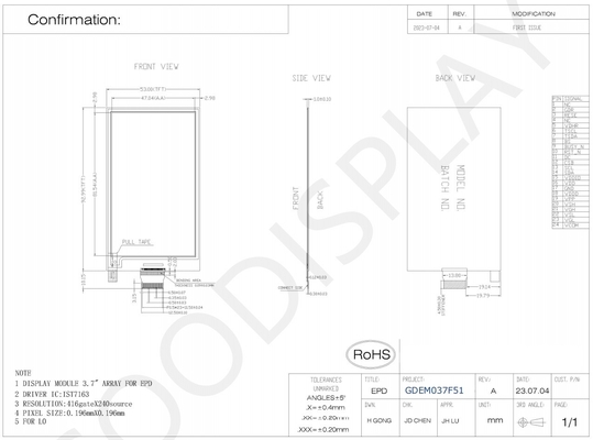 3.7'4 Kleur 416*240 IST7163 Op basis van E-papier Display EPD