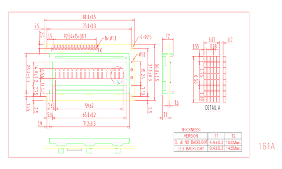 16*1 16 Pin Monochroom Stn FSTN Wide Temperature Custom Character LCD Module